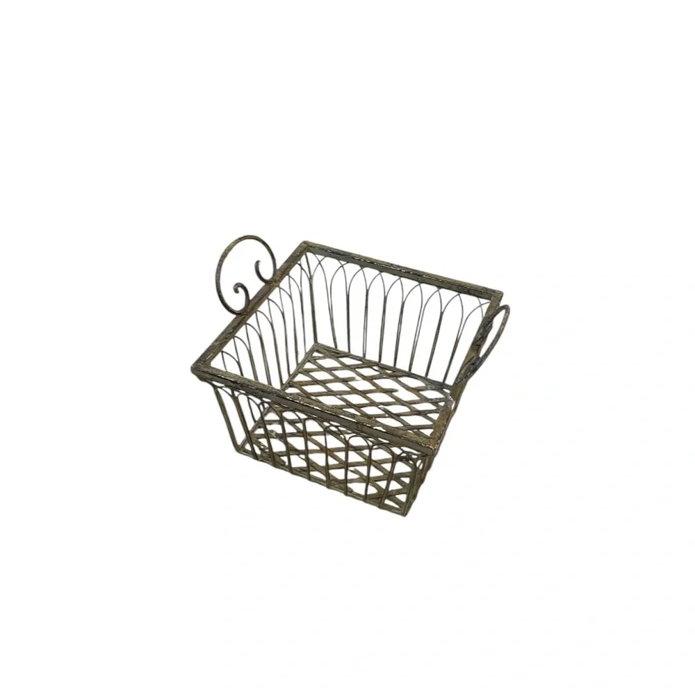 Vintage Wrought Iron Square‎ Ornate Handles Basket Sage Green, Set Of 2